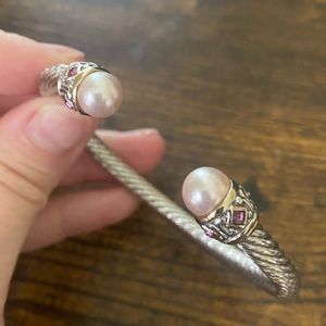 John Medeiros Thin 8mm Pearl Wire Cuff Bracelet - 7" with Amethyst accent